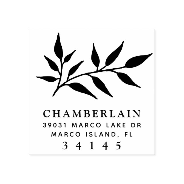 Hand Drawn Botanical Leaves Monogram Address Rubber Stamp (Imprint)