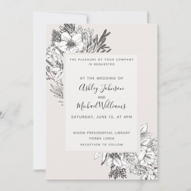 HAND-DRAWN BOTANICAL Stylish Modern Blush Floral Invitation (Front)