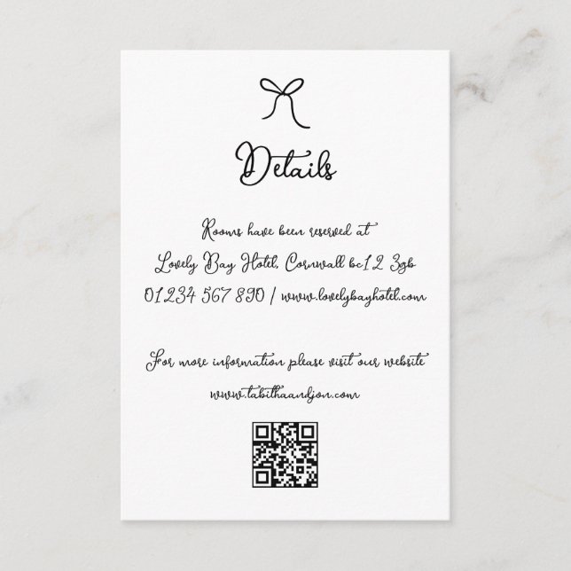 Hand Drawn Bow Black & White Wedding Details Enclosure Card (Front)