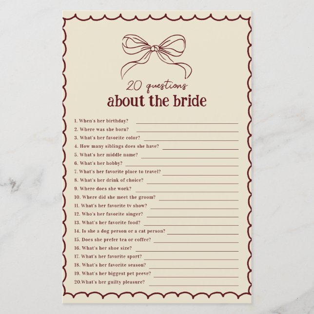 Hand Drawn Bow Burgundy 20 Questions About Bride (Front)