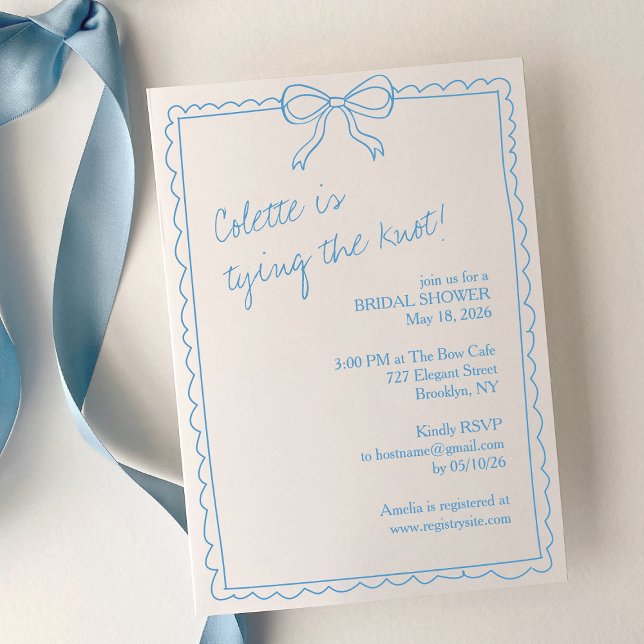 Hand Drawn Bow Chic Something Blue Bridal Shower Invitation (Chic, refined, and customizable—this blue bridal shower invite is perfect for a trendy bride-to-be!)