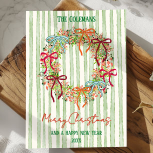 Hand Drawn bow christmas wreath new year greetings Holiday Card