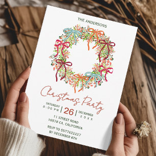 Hand Drawn bow christmas wreath new year Invitation