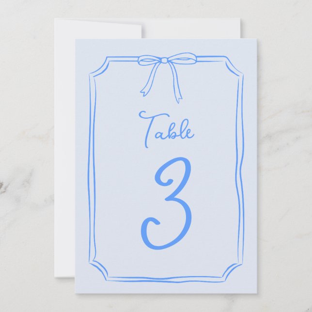 Hand Drawn Bow Cute Coquette Blue Table Number  (Front)