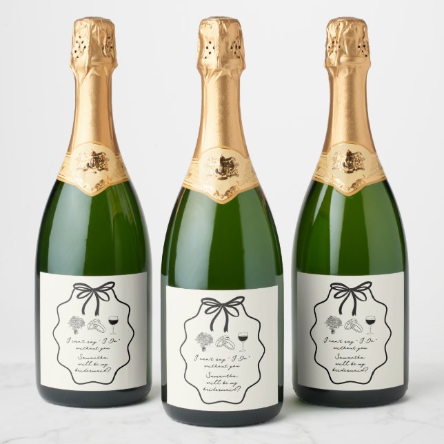 Hand Drawn Bow Floral Bridesmaid Proposal Sparkling Wine Label (Bottles)