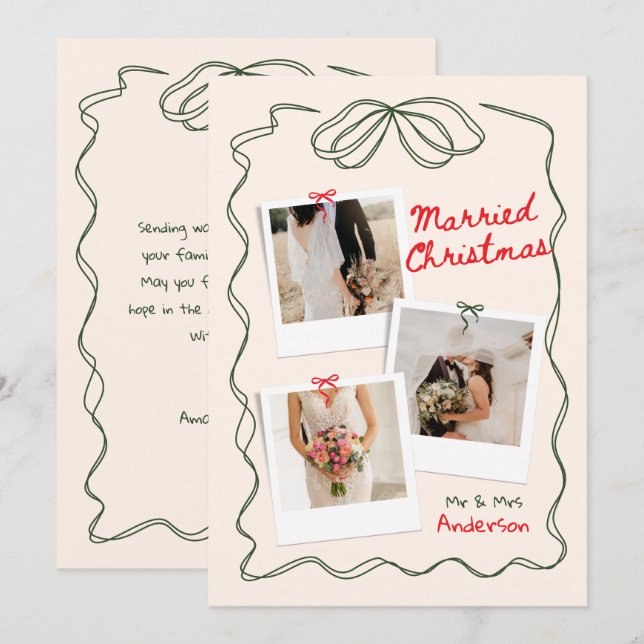 Hand Drawn Bow Frame Married Christmas Newlywed Holiday Card (Front/Back)