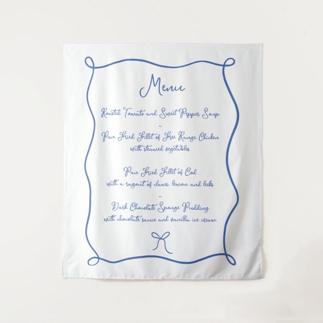 Hand Drawn Bow French Blue Fabric Wedding Menu Tapestry (Front)