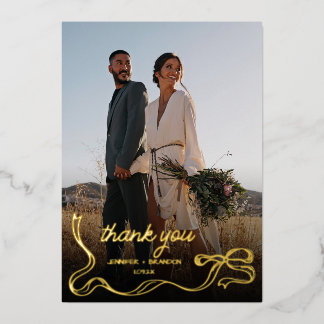 Hand drawn bow Gold Foil Thank you | Wedding Photo Holiday Card