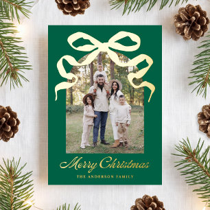 Hand-Drawn Bow Green Merry Christmas Arch Photo Foil Holiday Card