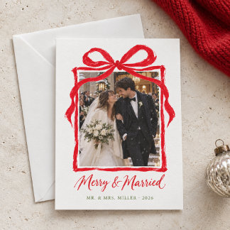 Hand Drawn Bow Merry & Married Newlywed Christmas Holiday Card