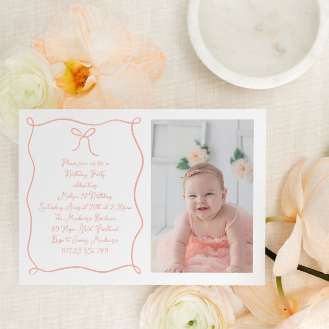 Hand Drawn Bow Photo Blush Birthday Party Invitation (Creator Uploaded)