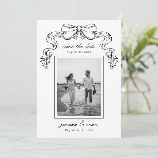 Hand Drawn Bow & Photo Modern Wedding Save The Date (Standing Front)