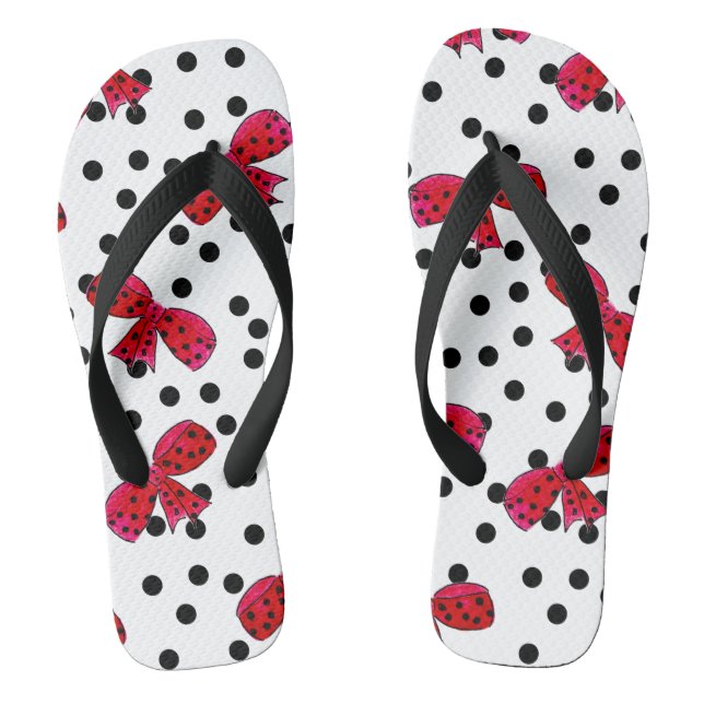 Hand drawn bow polka dots white red black cartoon flip flops (Footbed)