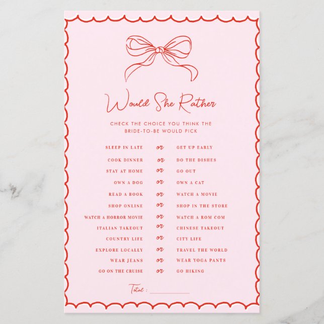 Hand Drawn Bow Red & Pink Would She Rather Game (Front)