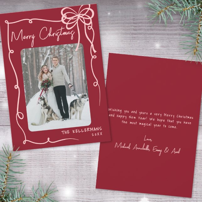 Hand Drawn Bow Red Retro Christmas Holiday Card (Hand Drawn Ribbon Bow Red Retro Christmas Holiday Card)