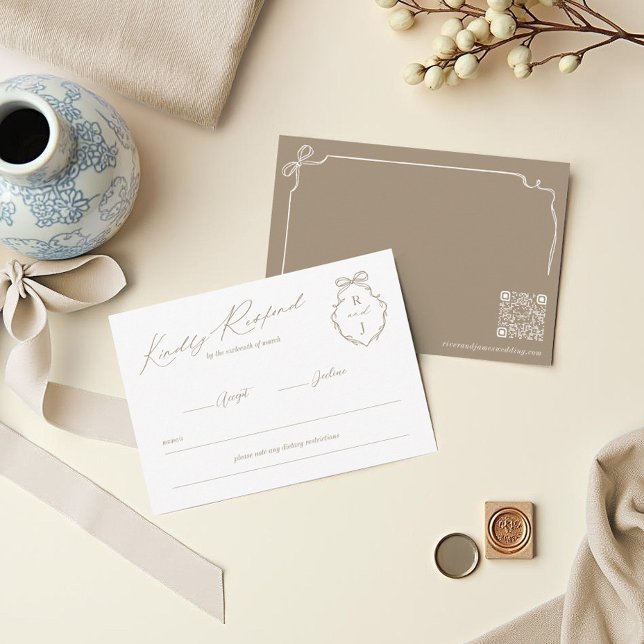 Hand Drawn Bow & Ribbon Monogram Crest Wedding RSVP Card (Hand Drawn Bow & Ribbon Monogram Crest Wedding RSVP Card)