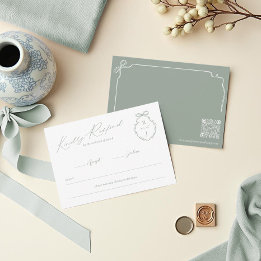Hand Drawn Bow & Ribbon Monogram Crest Wedding RSVP Card