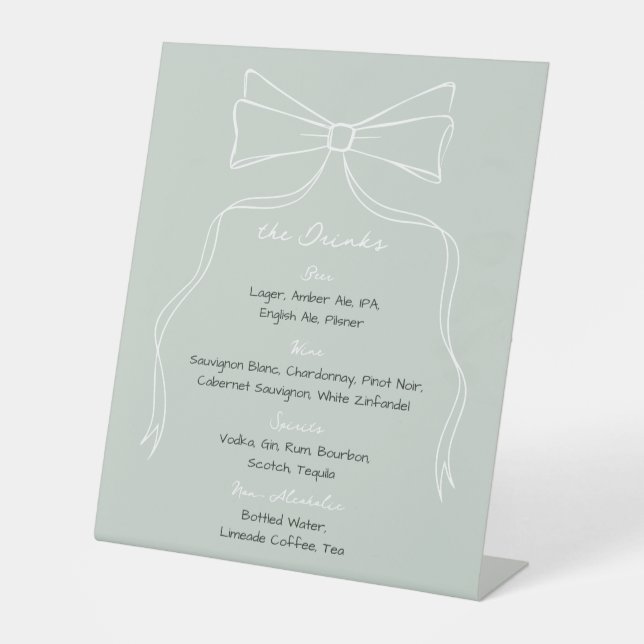 Hand Drawn Bow Sage Green Wedding Signature Drinks Pedestal Sign (Front)