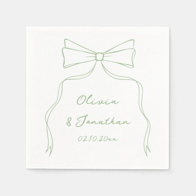Hand Drawn Bow White and Green Wedding Napkin (Front)