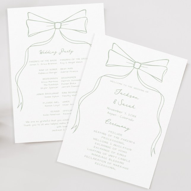 Hand Drawn Bow White and Green Wedding  Program (Creator Uploaded)