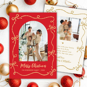 Hand Drawn Bows Arch 2 Photo Merry Christmas Red Holiday Card