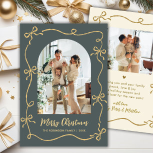 Hand Drawn Bows Arch Photo Merry Christmas Green  Holiday Card