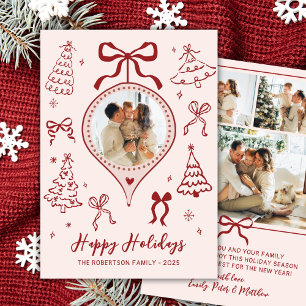 Hand-Drawn Bows Pink Red Photo Christmas Happy Holiday Card