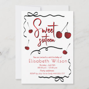 Hand drawn bows whimsy playful cherry sweet 16  invitation