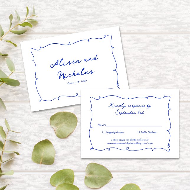 Hand Drawn Bright Blue Border & Script Wedding RSVP Card (Creator Uploaded)