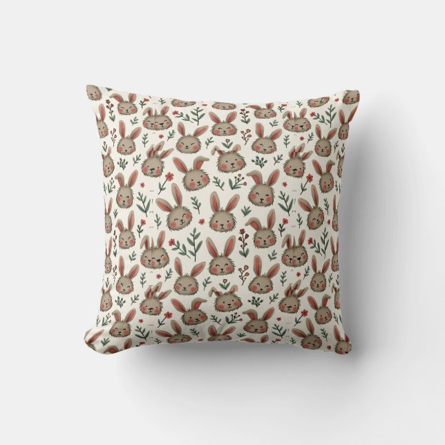 Hand-Drawn Bunny Face Pattern Throw Pillow (Front)