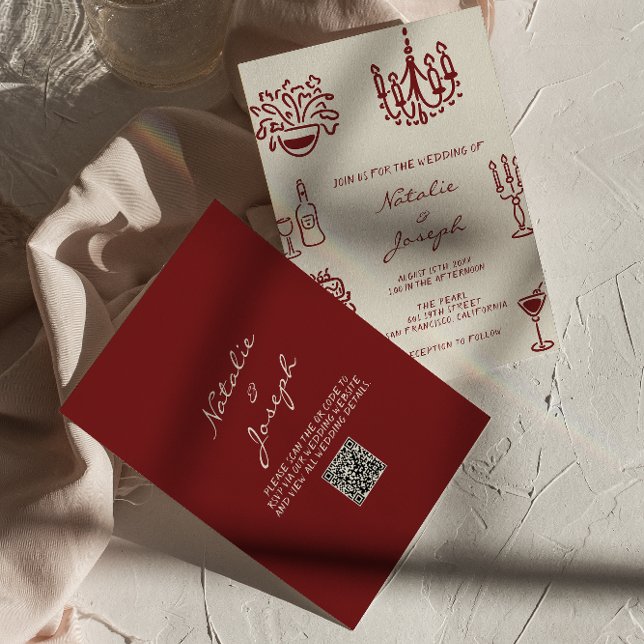 Hand Drawn Burgundy Whimsical QR Code Wedding Invitation (Creator Uploaded)
