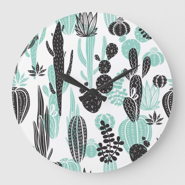 Hand Drawn Cacti: Doodle Seamless Large Clock (Front)