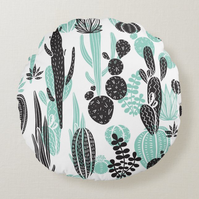 Hand Drawn Cacti: Doodle Seamless Round Pillow (Front)