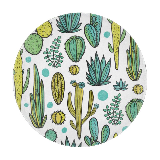 Hand Drawn Cacti Natural Pattern Cutting Board (Front)