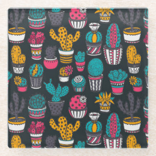 Hand Drawn Cactus in Sketch Style Pattern Glass Coaster
