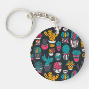 Hand Drawn Cactus in Sketch Style Pattern Keychain