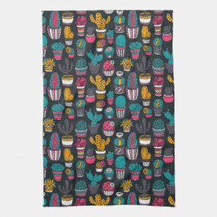 Hand Drawn Cactus in Sketch Style Pattern Kitchen Towel