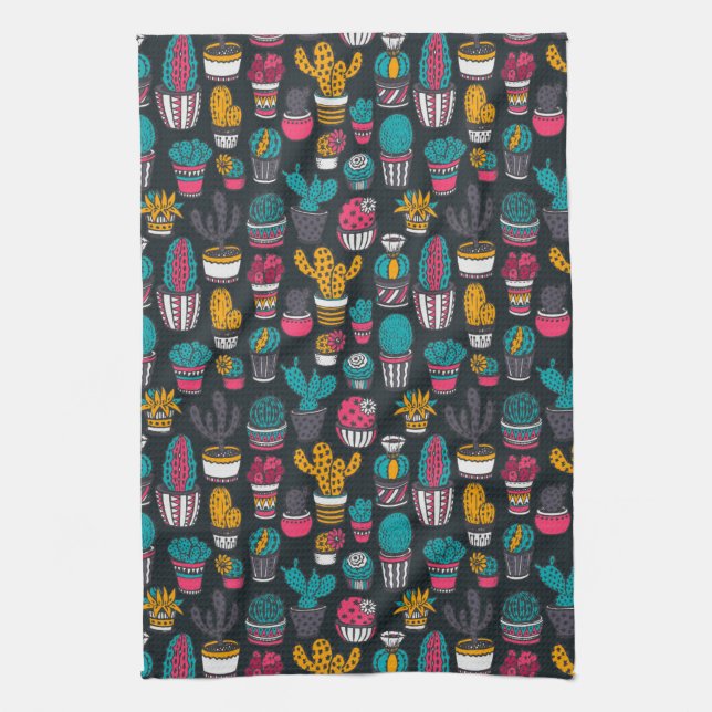 Hand Drawn Cactus in Sketch Style Pattern Kitchen Towel (Vertical)