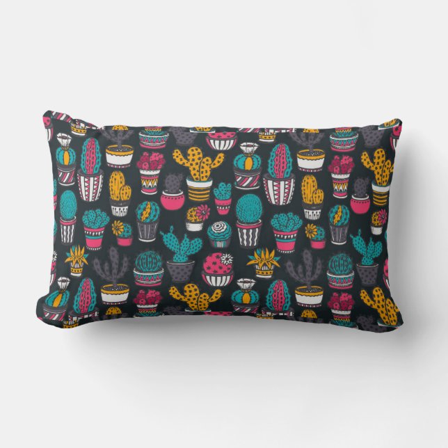 Hand Drawn Cactus in Sketch Style Pattern Lumbar Pillow (Front)