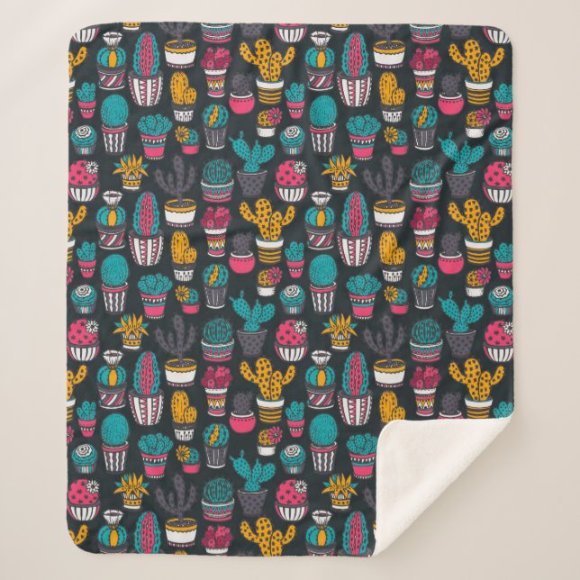 Hand Drawn Cactus in Sketch Style Pattern Sherpa Blanket (Front)