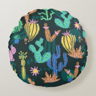 Hand-drawn cactus: Scandinavian seamless. Round Pillow