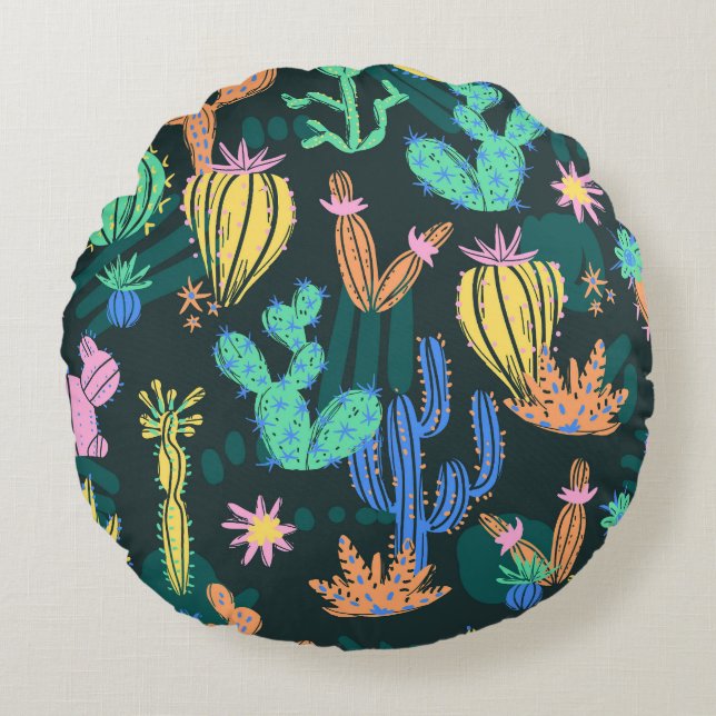 Hand-drawn cactus: Scandinavian seamless. Round Pillow (Front)