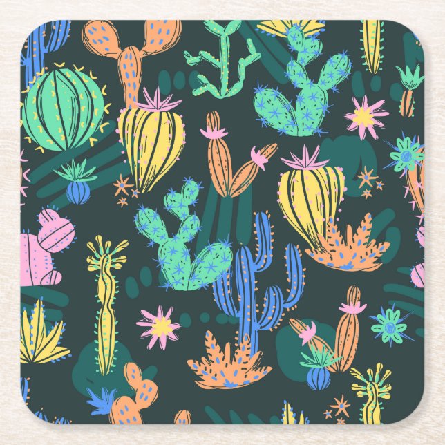 Hand-drawn cactus: Scandinavian seamless. Square Paper Coaster (Front)