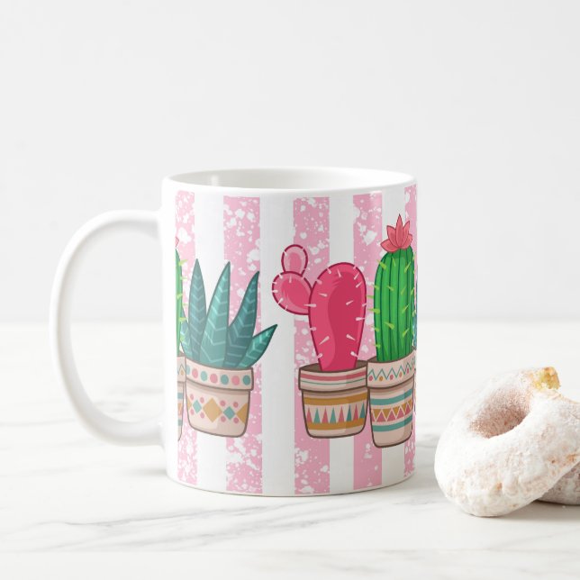 hand drawn cactus with stripes background coffee mug (With Donut)