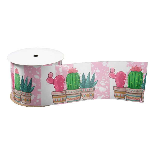 hand drawn cactus with stripes background satin ribbon (Spool)