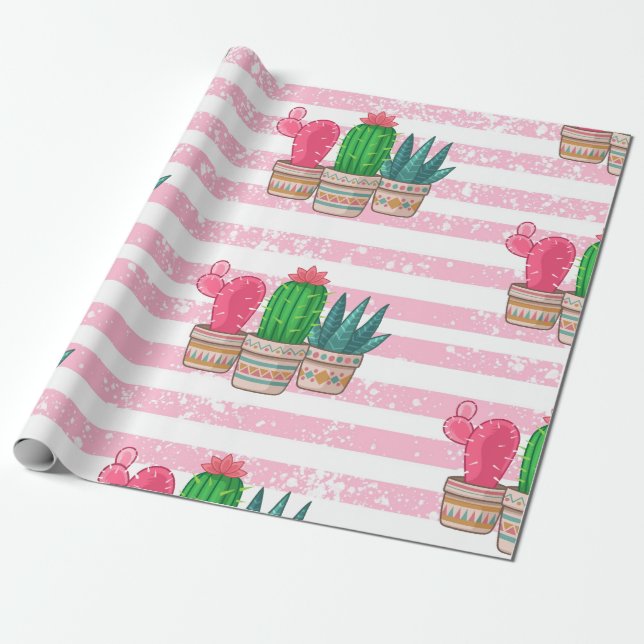 hand drawn cactus with stripes background wrapping paper (Unrolled)
