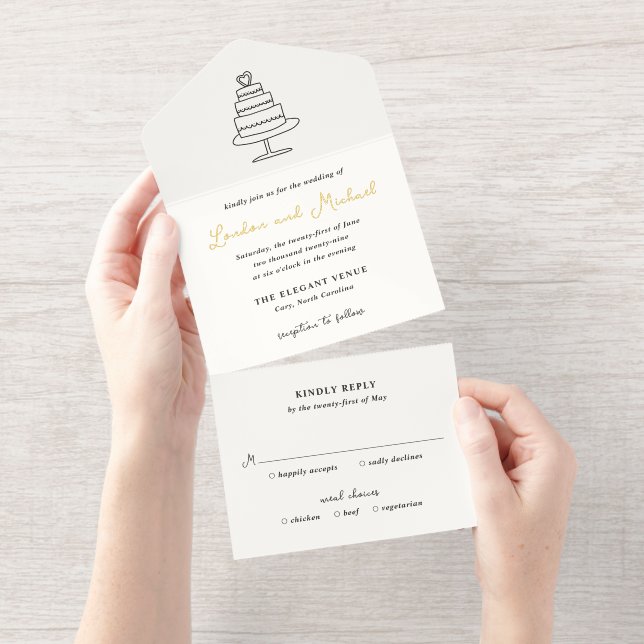Hand Drawn Cake Doodle Modern Wedding All In One Invitation (Tearaway)