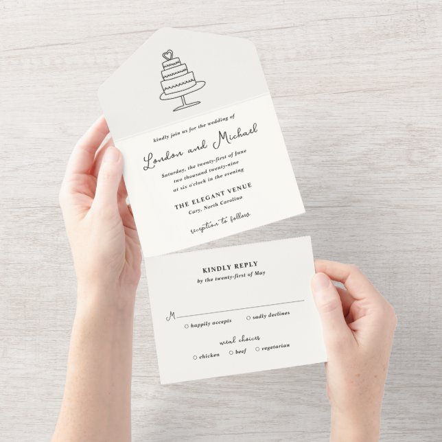 Hand Drawn Cake Doodle Modern Wedding All In One Invitation (Tearaway)
