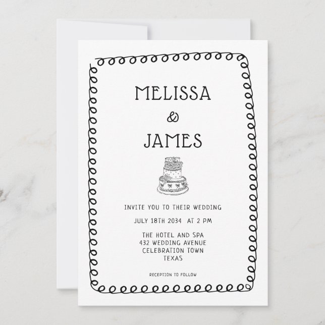 Hand Drawn Cake Doodle Whimsical Wedding Invitation (Front)
