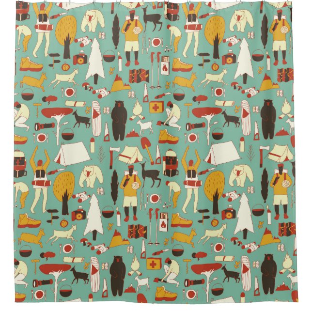 Hand-drawn camping, retro seamless pattern. (Front)